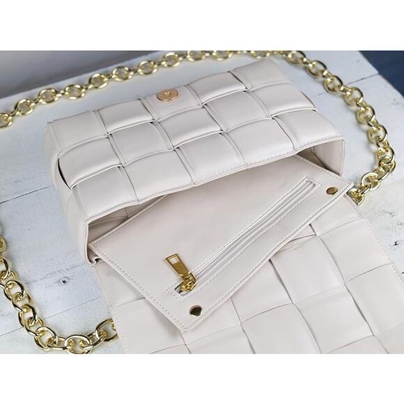 Bella Luna Woven Padded Crossbody Handbag Purse Women Chain Strap & Handle Ivory - Picture 3 of 5